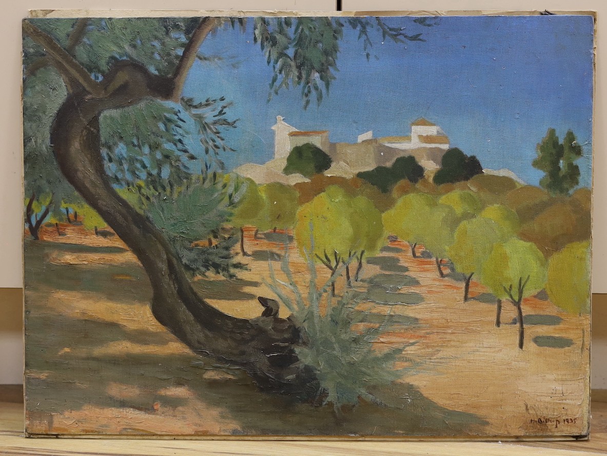 After Henry Bishop, oil on board, Spanish landscape, bears signature and date 1935, 45 x 61cm, unframed